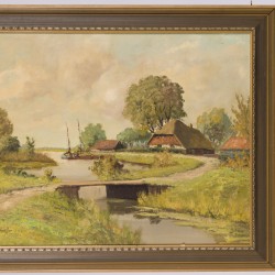 Jan Schaeffer (Rotterdam 1923 - 2018), Rivierlandschap met boerenhoeves.