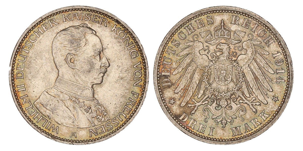 German states. Prussia. Wilhelm II. 3 Mark. 1914 A.