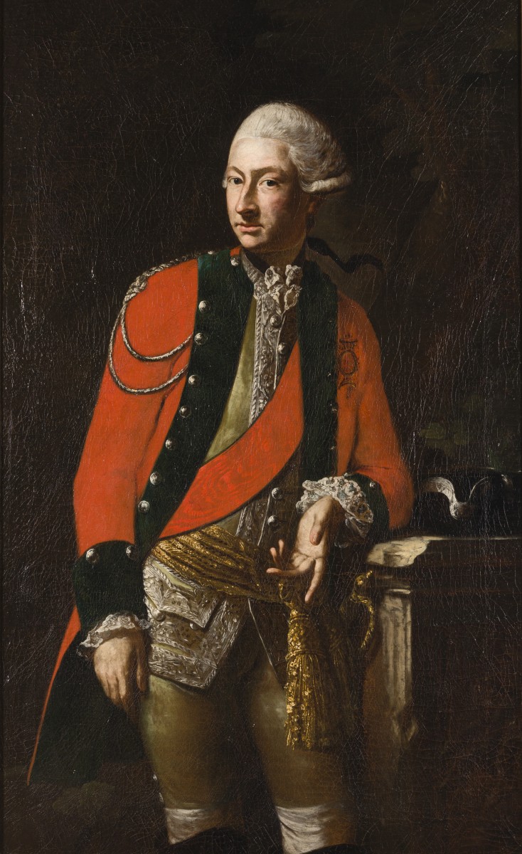 Duitse School, 18e eeuw. Portret van een officier in rode frak en pruik leunend op een gebroken zuil.