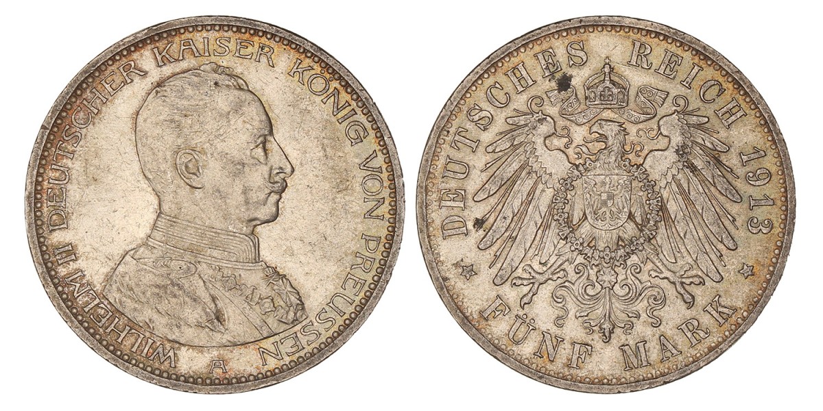 German states. Prussia. Wilhelm II. 5 Mark. 1913 A.