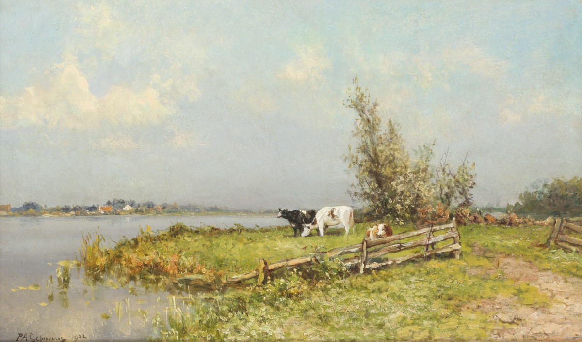 Pieter Adriaan C. "Piet" Schipperus (Rotterdam 1840 - 1929 Den Haag), Rivierlandschap met koeien aan de oever.