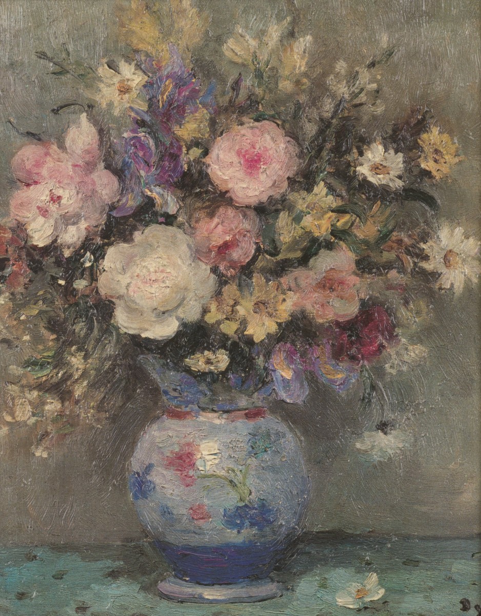 Marcel Dyf (Parijs 1899 - 1985 Bois d'Arcy, Fr.), Pioenen en Irissen in een vaas.