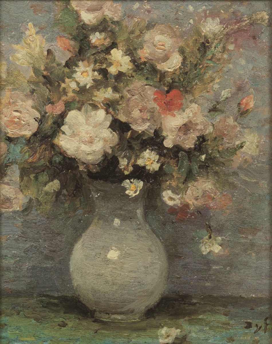 Marcel Dyf (Parijs 1899 - 1985 Bois d'Arcy, Fr.), Een stilleven van witte rozen en margrietjes in een vaas. .