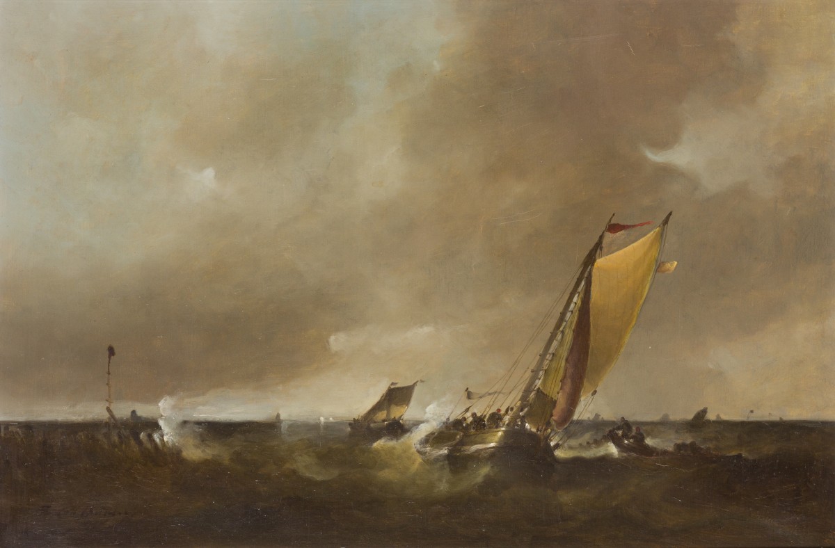 Frans J. van der Heide (Schiedam 1936 - ?), Schepen bij een havenhoofd op een woelige zee.