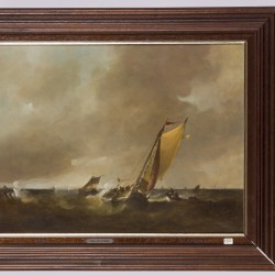 Frans J. van der Heide (Schiedam 1936 - ?), Schepen bij een havenhoofd op een woelige zee.