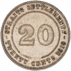 Straits Settlements. George V. 20 Cents. 1919 B.