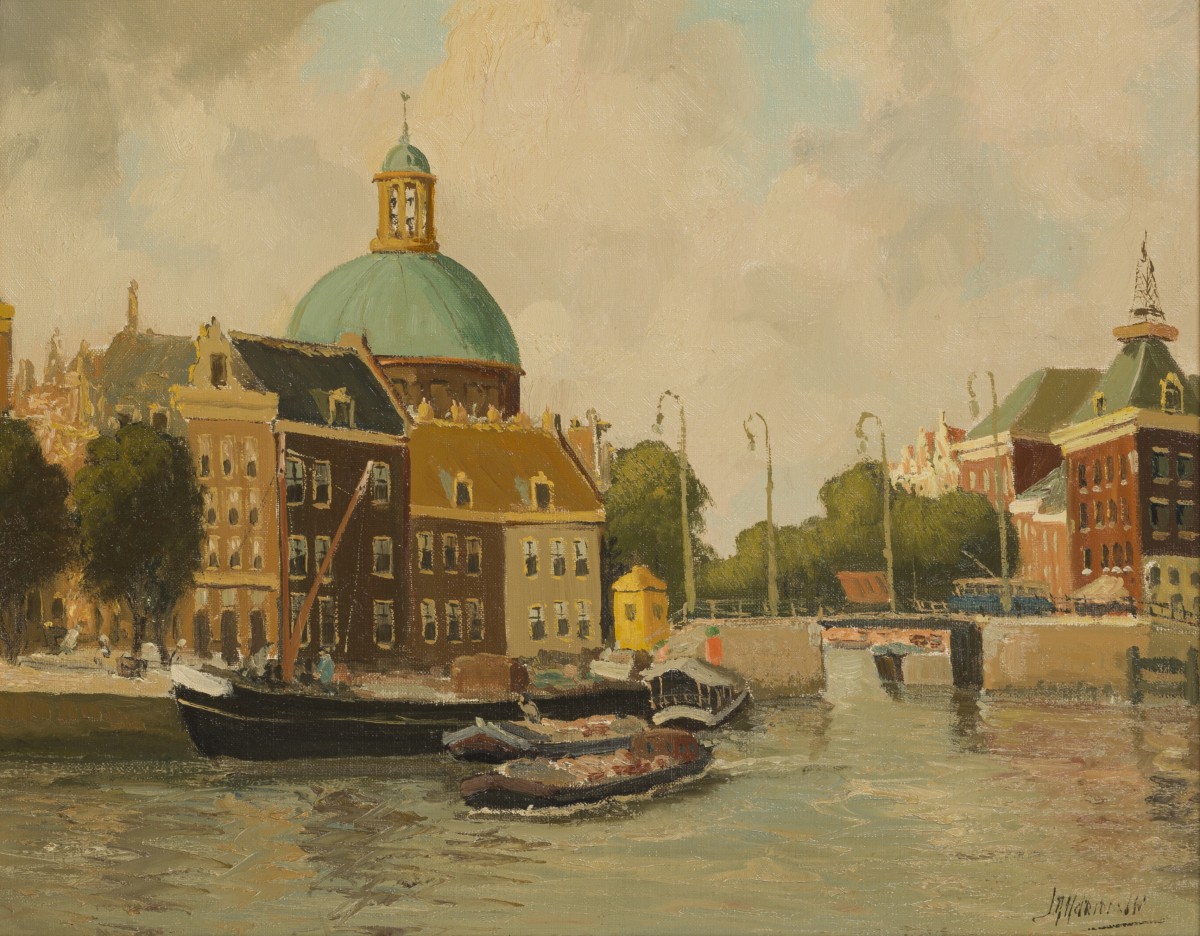 Johanna Carolina Marie Gram (Den Haag 1865 - 1930). Gezicht op het Singel, Amsterdam met Koepelkerk.