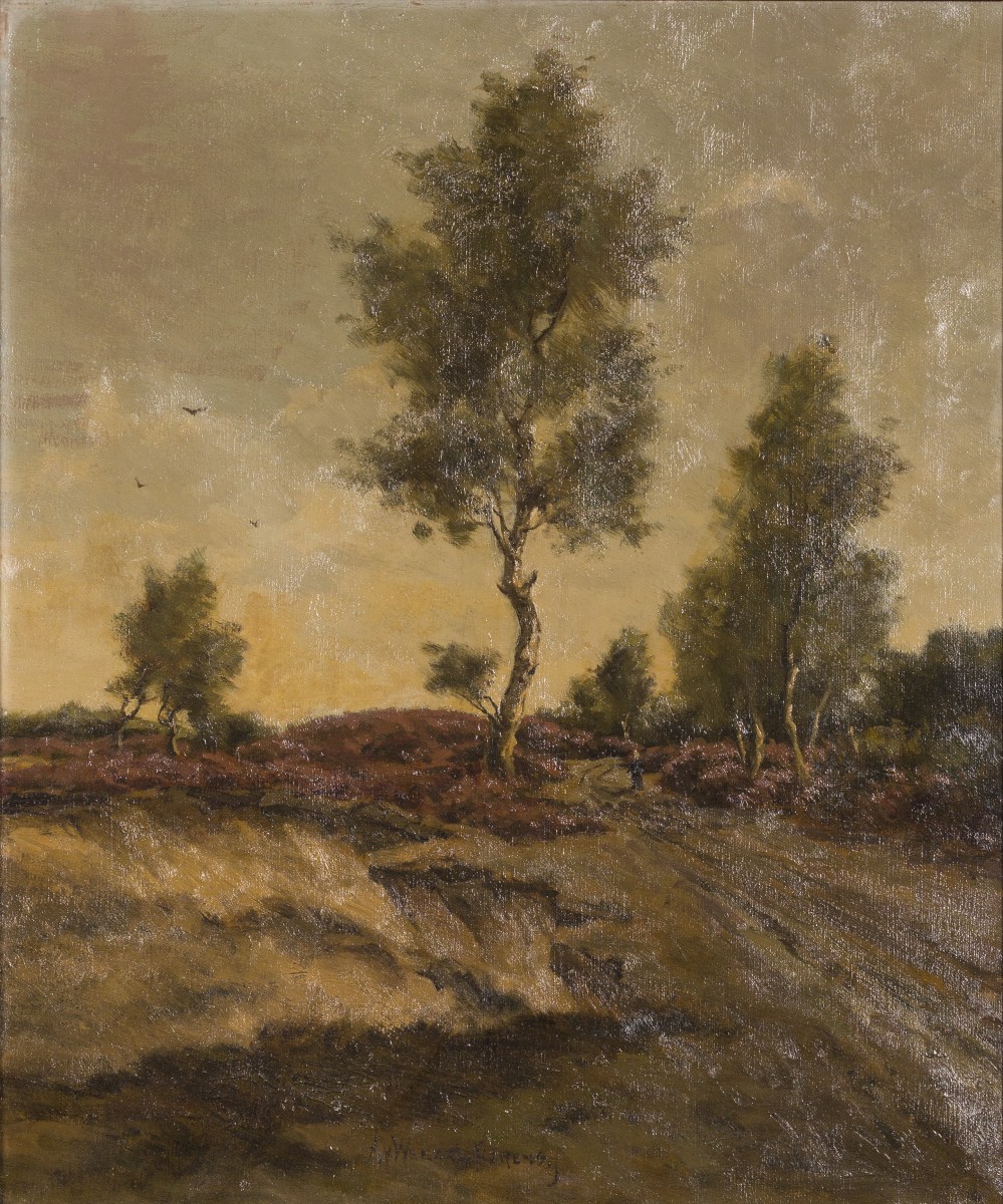 Adolf Pieter van Weezel Errens (Den Haag 1866 - 1939 Amersfoort), Reiziger op een zandpad in een heidelandschap.