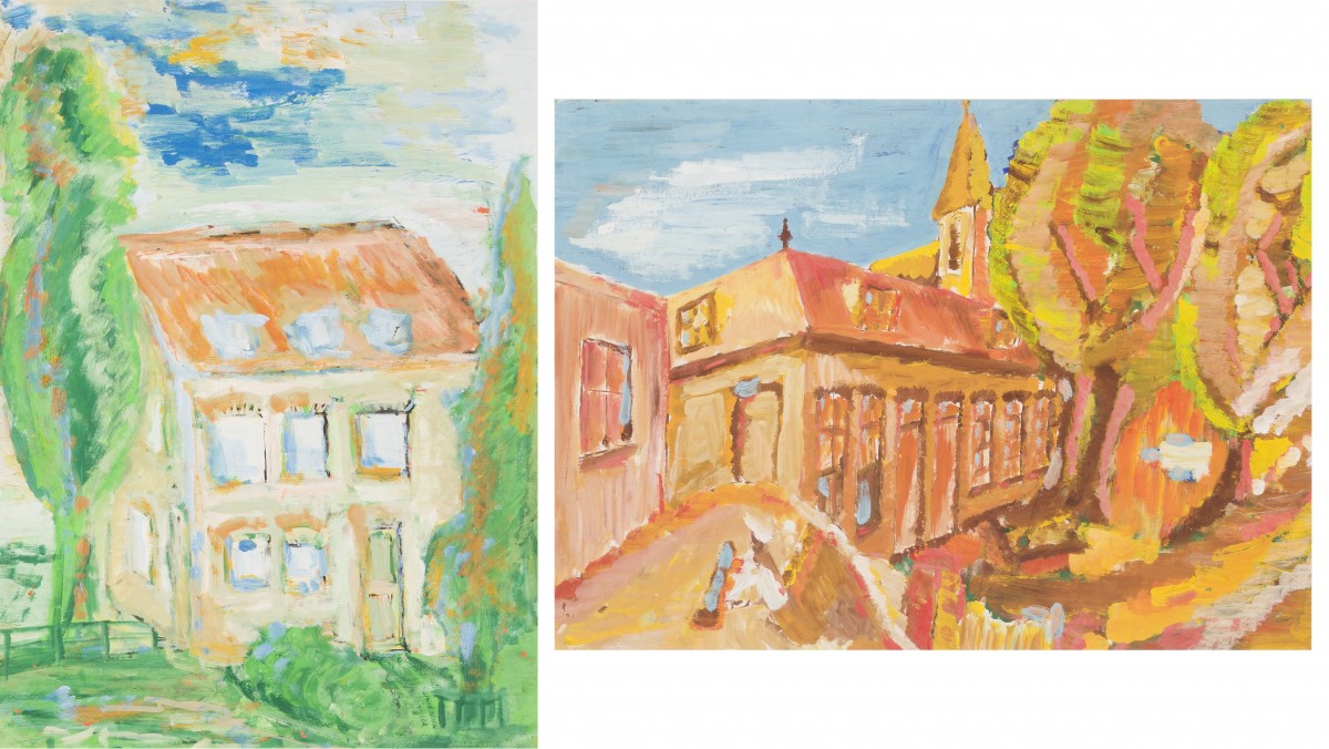 Twee decoratieve gouaches van Zuid-Franse dorpjes.