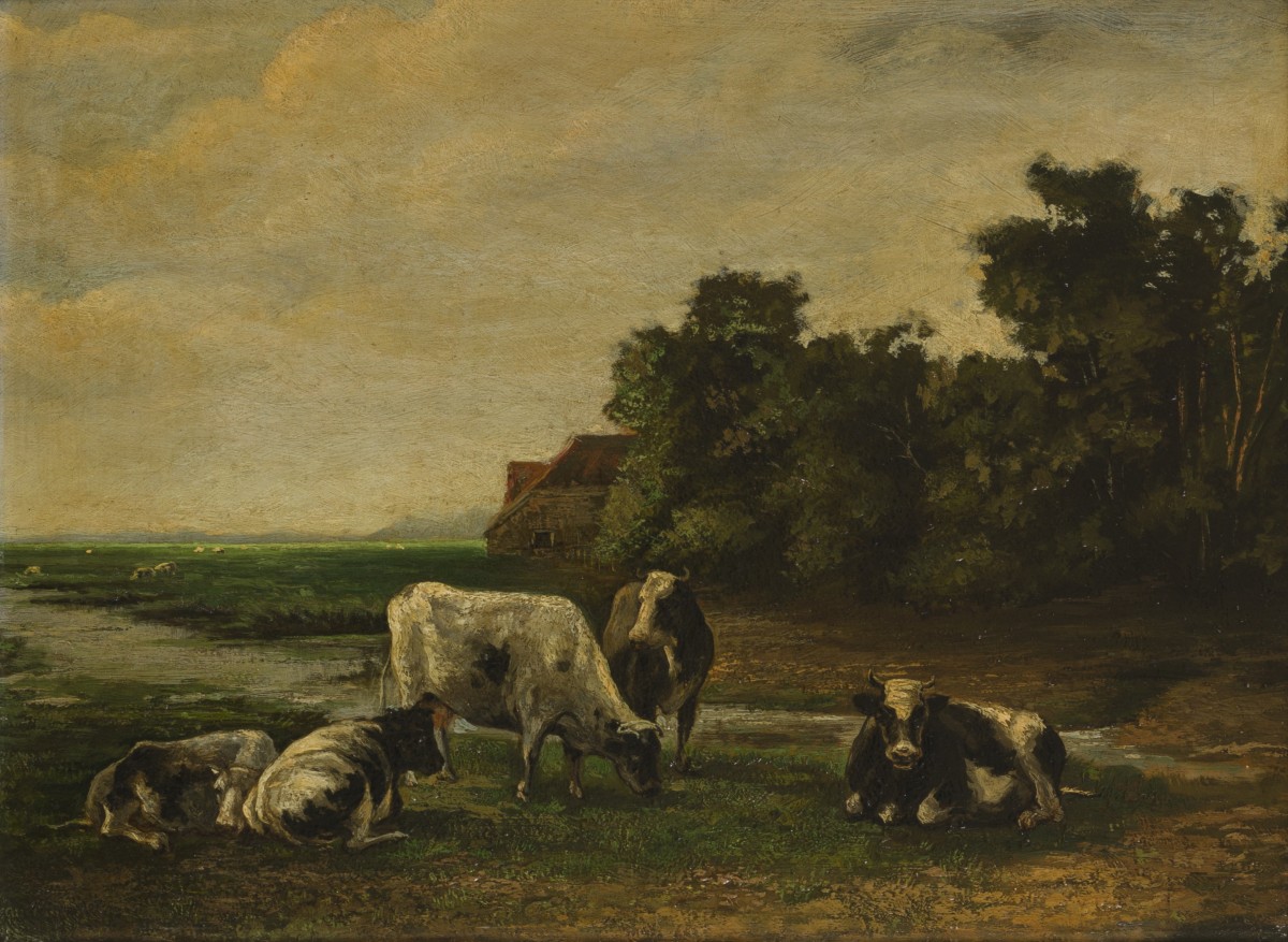 Hollandse School ca. 1900. Grazende koeien in een landschap.
