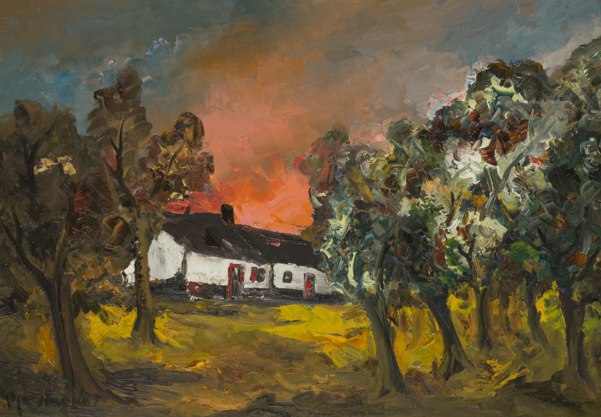 Paul Permeke (Sidford, Devon 1918 – 1990 Brugge), Landschap met boerenhoeve tussen de bomen.