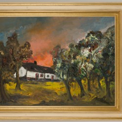 Paul Permeke (Sidford, Devon 1918 – 1990 Brugge), Landschap met boerenhoeve tussen de bomen.