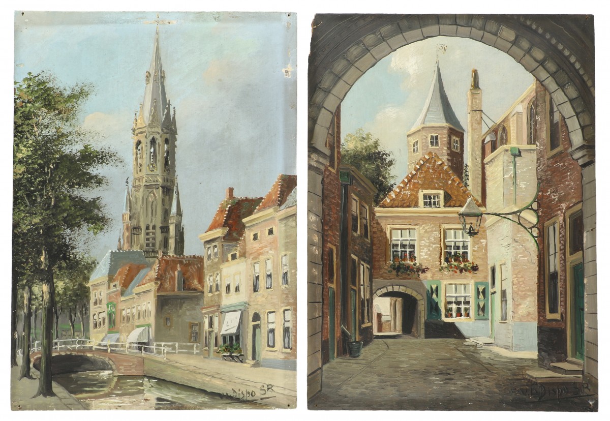 J.L.Dispo SR (1890 - 1964 ), Een stadsgrachtje; Een doorkijkje (2x)