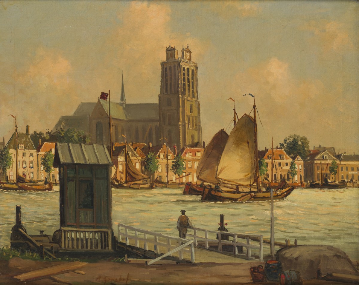 Hollandse School, Gezicht op het overzetveer te Dordrecht, De Grote Kerk aan de overzijde