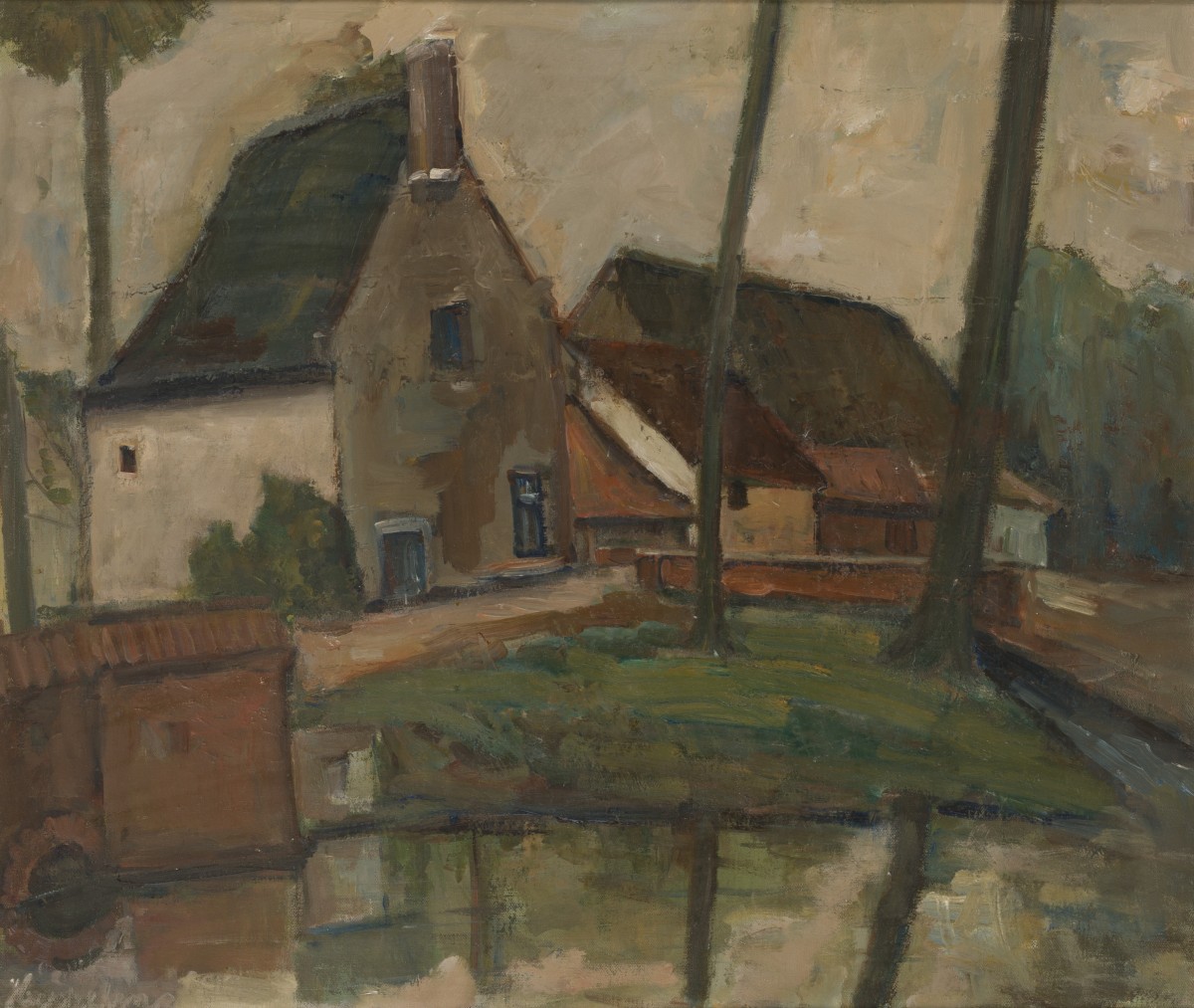 Belgische School, ca. 1930, Huizen aan de waterkant.