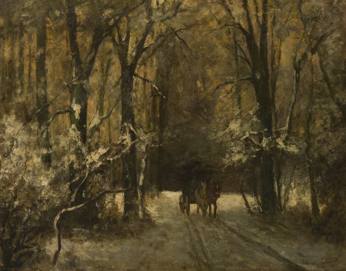 Hollandse School, 19e eeuw, mogelijk Gerrit Hendrik Schmitt (Nijmegen 1877 - 1944 Den Haag). Een houtvester in het bos in winter.