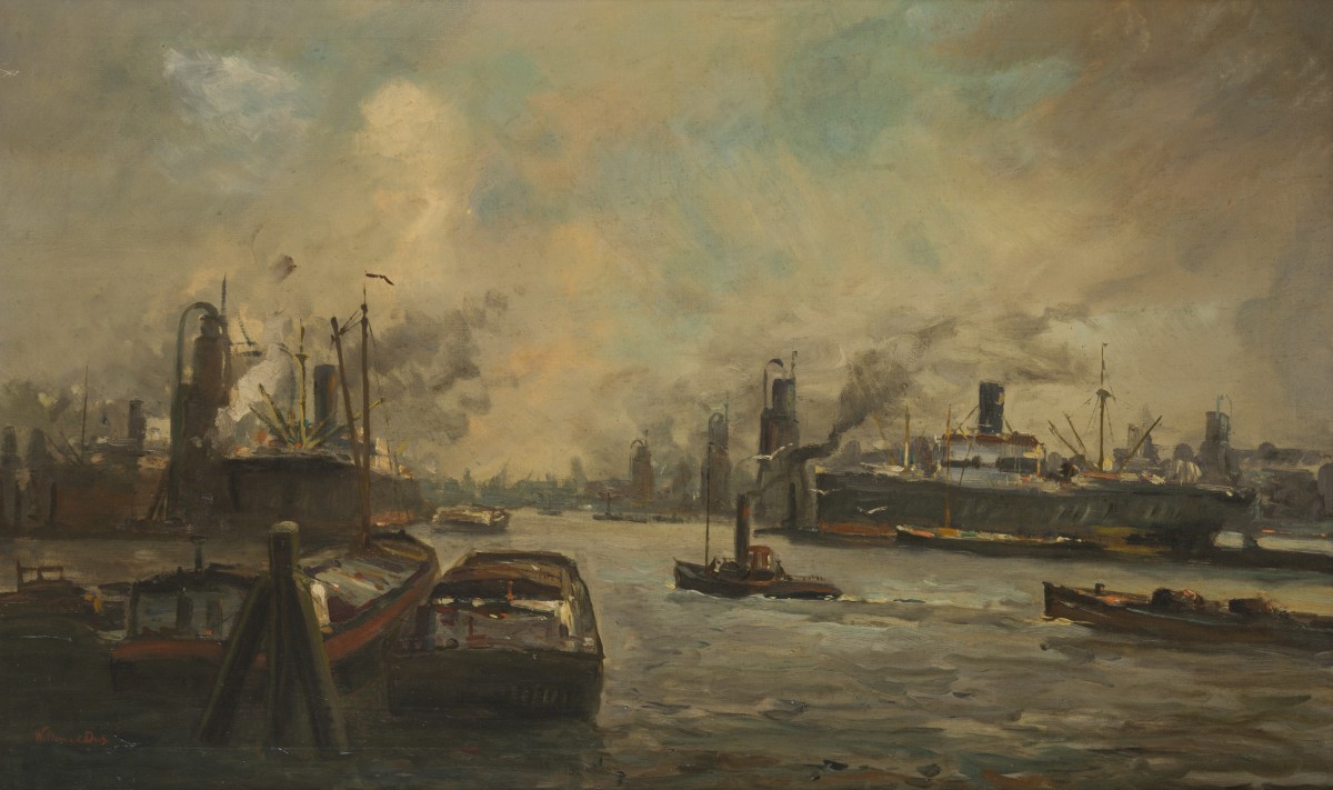 Willem van der Does (Rotterdam 1889 - 1966 Zeist), Gezicht in de Rotterdamse havens met graanelevatoren.