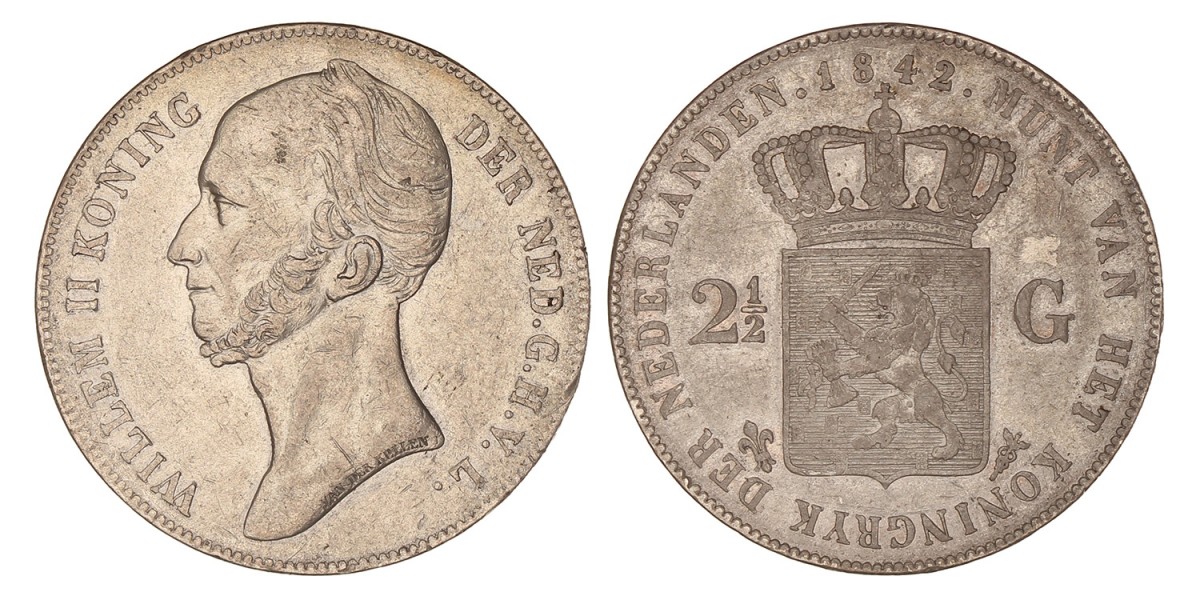 2½ Gulden. Willem II. 1842. Prachtig +.
