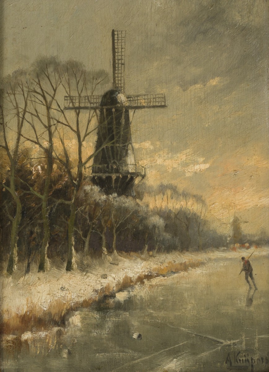 Adrianus Kuijpers (Gorkum 1862 - 1945 Amsterdam), Een schaatser op een bevroren vaart bij een stellingmolen.