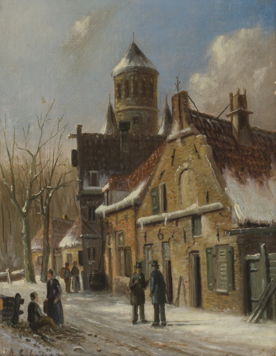 Draagt signatuur "A Eversen", Een straatje in winter.