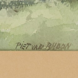 Een kavel bestaande uit een aquarel van Piet van Rhoon, en een houtsnede van Henri Wills.