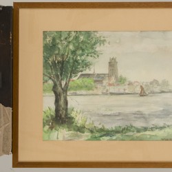 Een kavel bestaande uit een aquarel van Piet van Rhoon, en een houtsnede van Henri Wills.