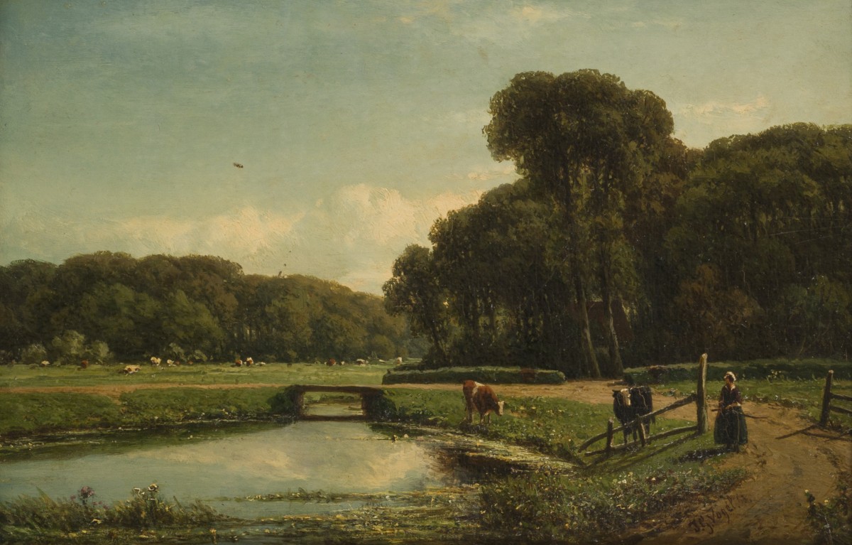 Johannes Gijsbert Vogel (Hooge Zwaluwe 1828 – 1915 Velp), Een koehoedstertje met vee langs een riviertje.