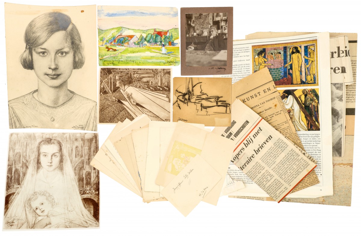 Een uitgebreid lot met correspondentie, grafiek en twee tekeningen van Mary 'Jetje' Wilson en Jan Toorop.