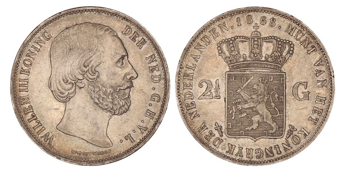 2½ Gulden. Willem III. 1868. Prachtig +.