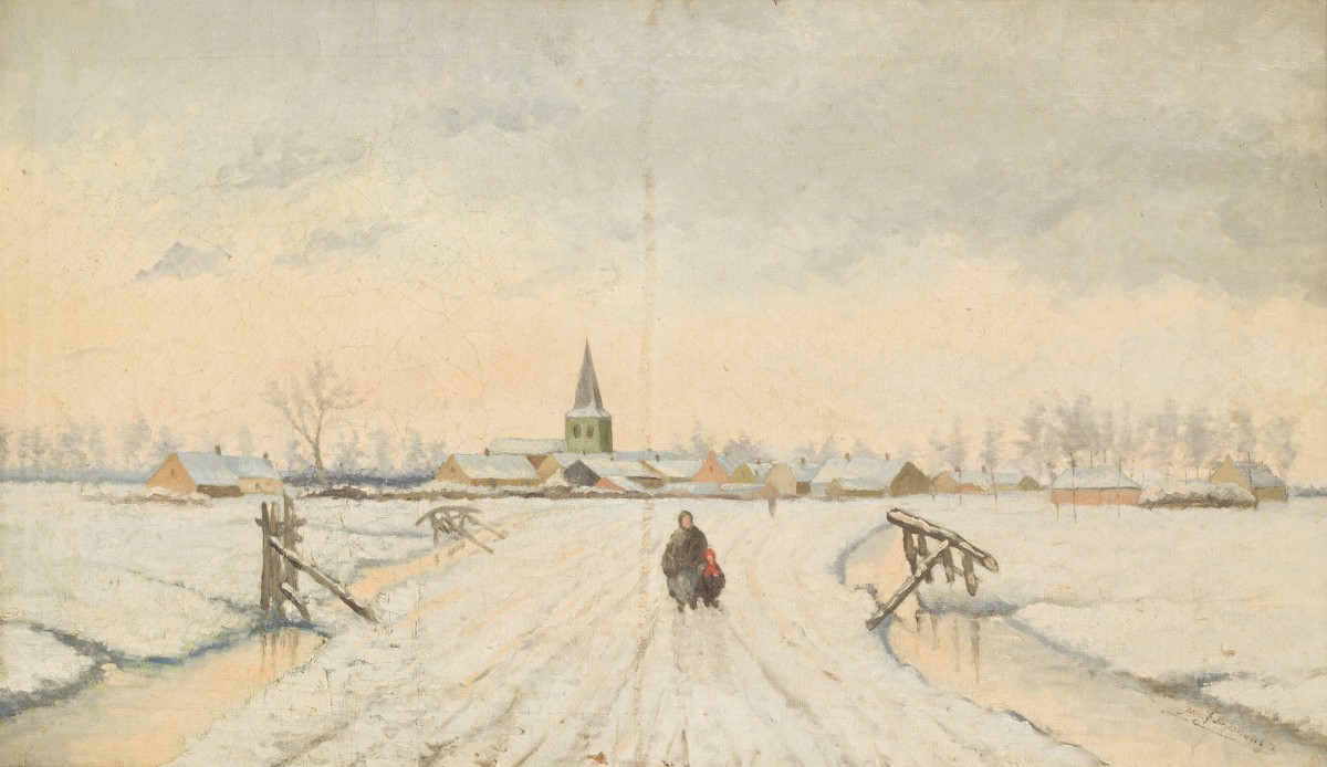 Joseph Heymans Jr. ( 1868 - 1933 ), Gezicht op Oosterwaal, Winterlandschap met wandelaars op een besneeuwd pad, een dorpje in de verte.