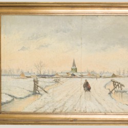 Joseph Heymans Jr. ( 1868 - 1933 ), Gezicht op Oosterwaal, Winterlandschap met wandelaars op een besneeuwd pad, een dorpje in de verte.