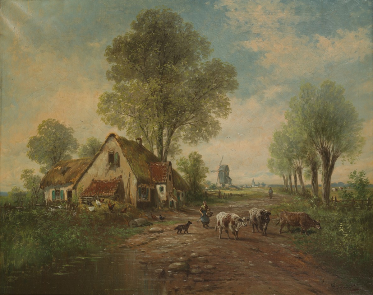 'Paul' Henry Schouten (Parijs, 1860 - 1922 Watermaal-Bosvoorde), Koehoedster met vee op een zandpad bij een boerderij, een molen in het verschiet