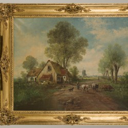 'Paul' Henry Schouten (Parijs, 1860 - 1922 Watermaal-Bosvoorde), Koehoedster met vee op een zandpad bij een boerderij, een molen in het verschiet