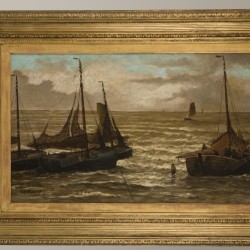 H. W. Mesdag (Groningen 1831 - 1915 Den Haag) (toegeschreven aan), Bomschuiten voor anker in de branding.