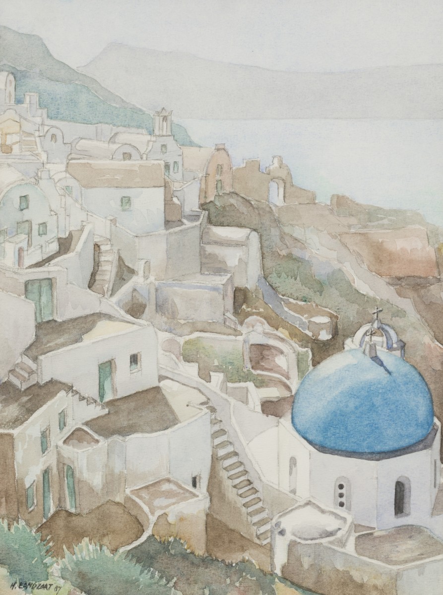 Een ets van Jan Montijn en daarbij een aquarel van een Grieks dorpje, mogelijk Santorini dooor H. Landzaat.