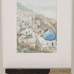 Een ets van Jan Montijn en daarbij een aquarel van een Grieks dorpje, mogelijk Santorini dooor H. Landzaat.