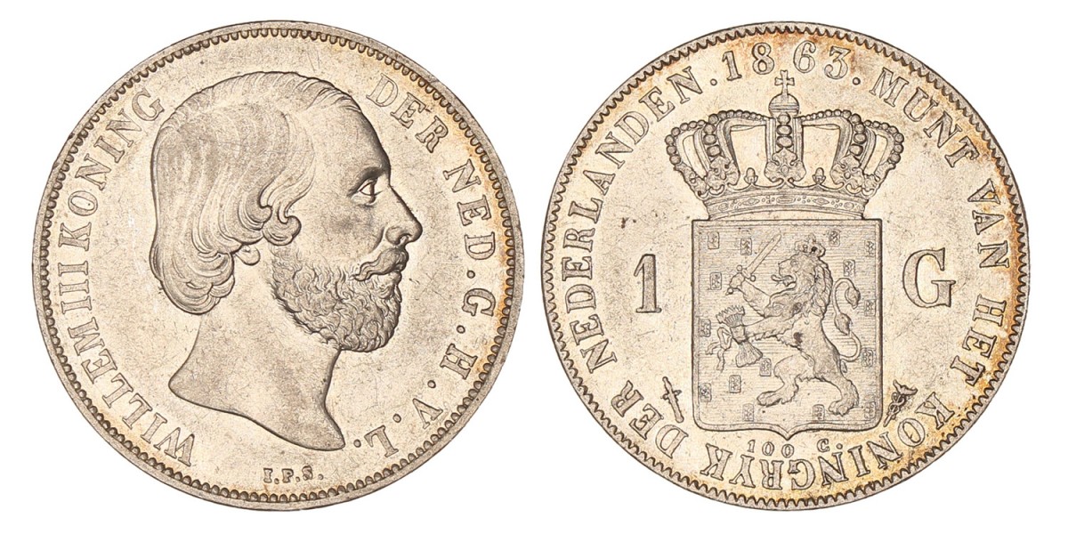1 Gulden. Willem III. 1863. Prachtig +.