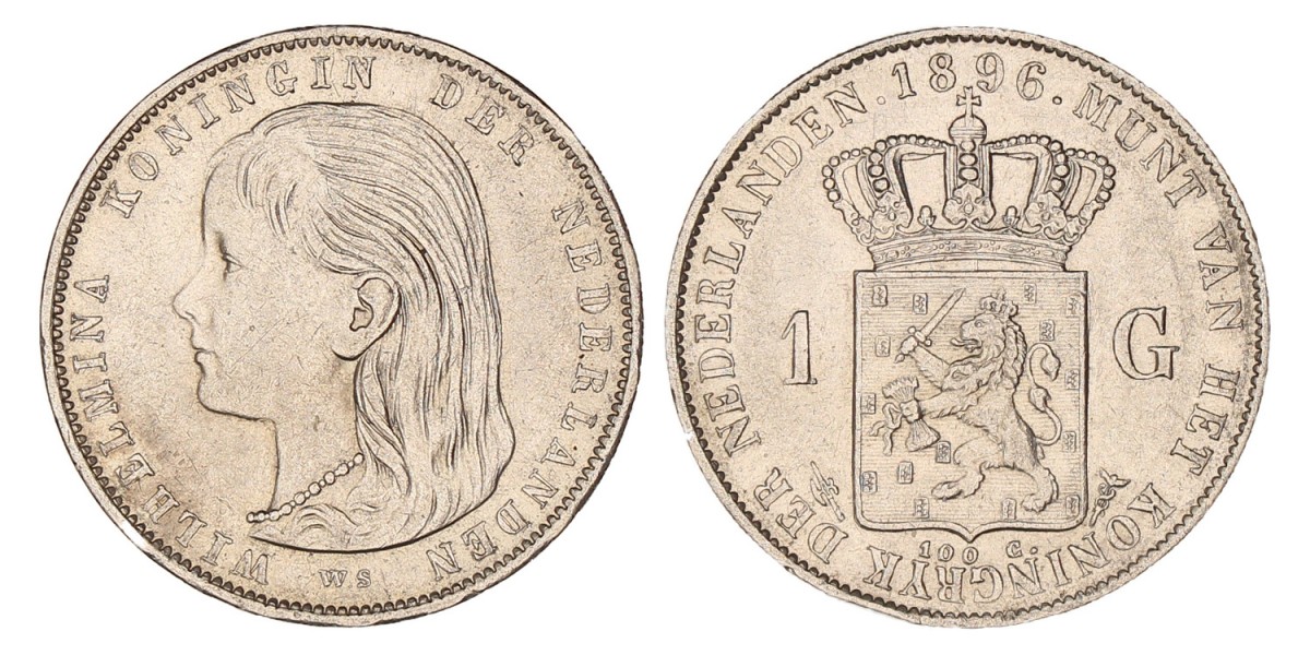 1 Gulden. Wilhelmina. 1896. Prachtig +.
