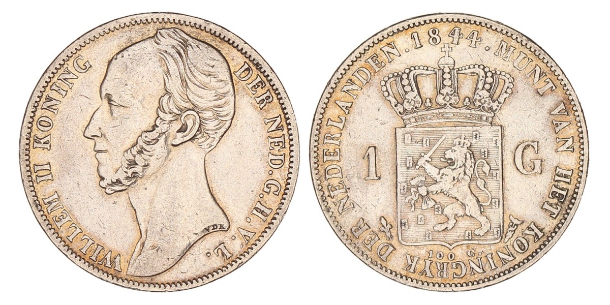 1 Gulden. Willem II. 1844. Zeer Fraai +.