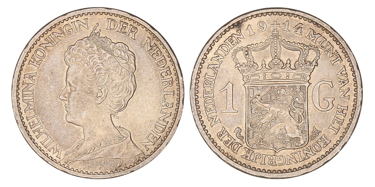 1 Gulden. Wilhelmina. 1914. UNC.