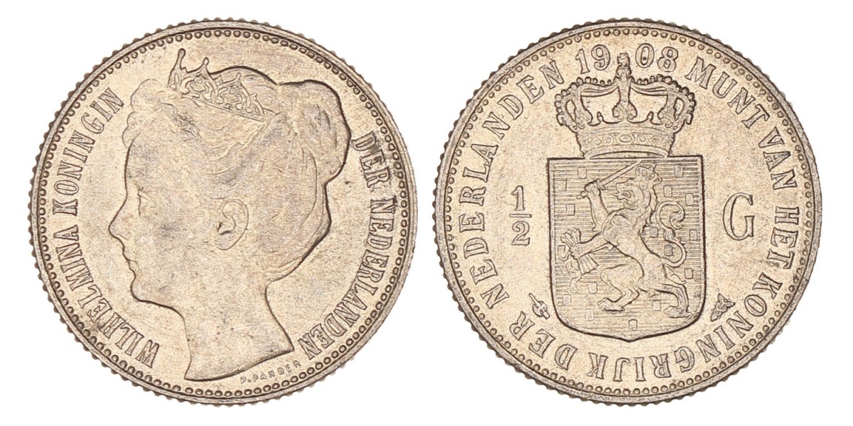 ½ Gulden. Wilhelmina. 1908. UNC -.