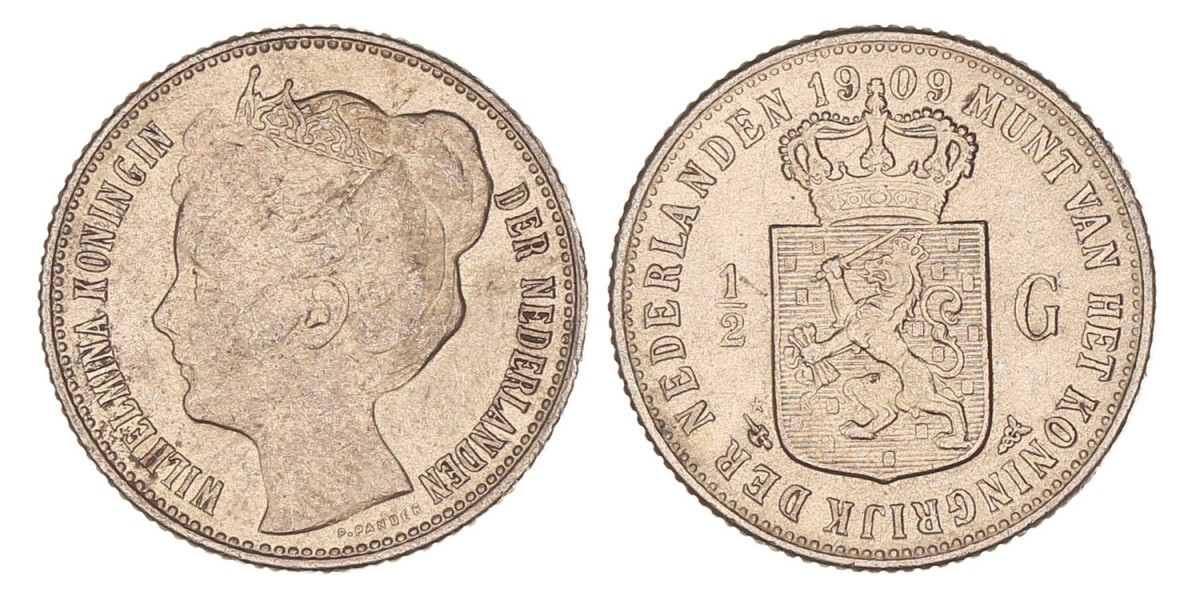 ½ Gulden. Wilhelmina. 1909. Prachtig.
