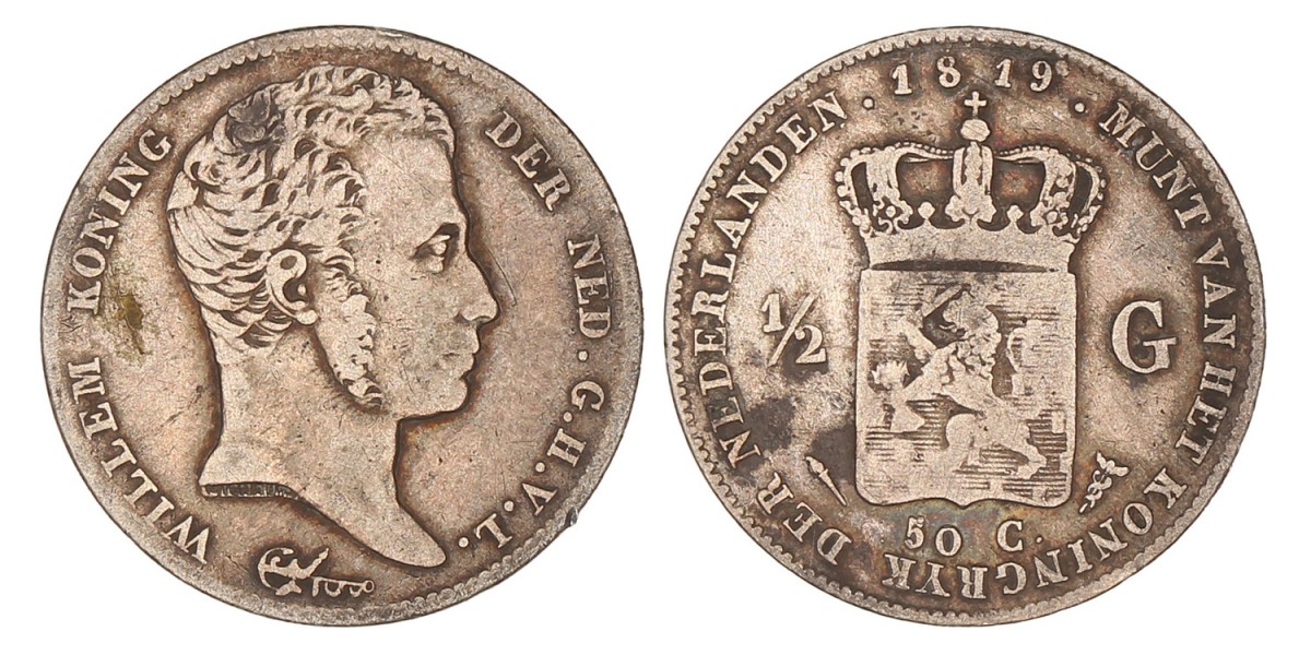 ½ Gulden. Willem I. 1819 U. Fraai / Zeer Fraai.