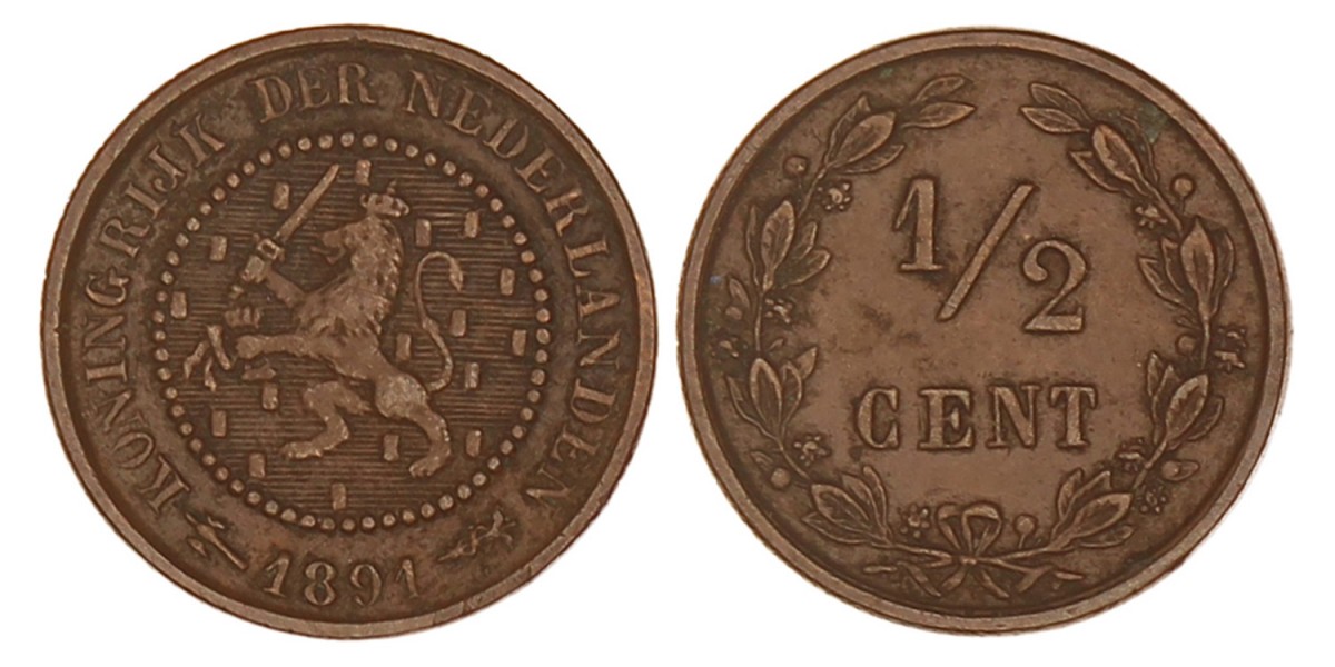 ½ Cent. Wilhelmina. 1891. Zeer Fraai +.