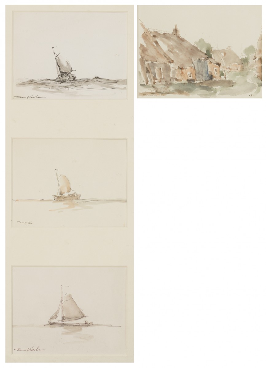 Toon Koster (Schiedam 1913 - 1989), Platbodems. Daarbij een aquarel van boerenhoeves van dezelfde hand (2x)