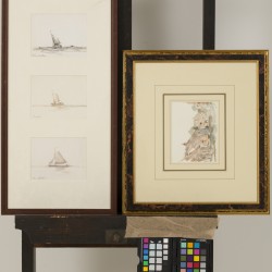 Toon Koster (Schiedam 1913 - 1989), Platbodems. Daarbij een aquarel van boerenhoeves van dezelfde hand (2x)