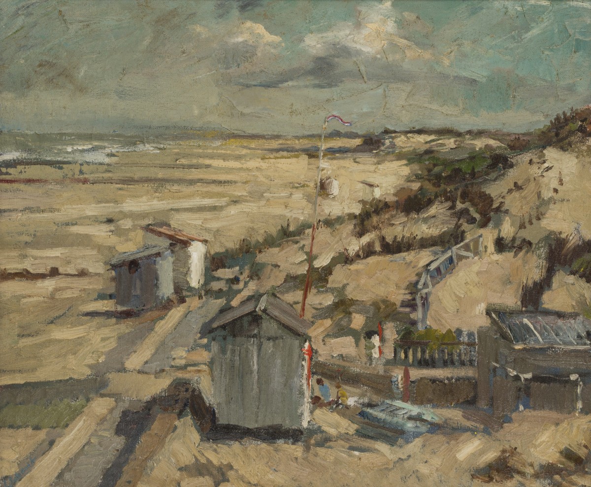 Hollandse School, 20e eeuw, Strandgezicht met paviljoen in aanbouw.