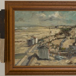 Hollandse School, 20e eeuw, Strandgezicht met paviljoen in aanbouw.