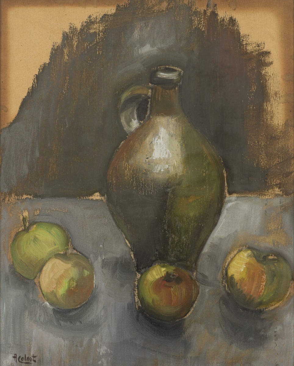 Arnout Colnot (Amsterdam 1887 - 1983 Bergen) - Stilleven met appels en een kruik (recto), een plooival (verso).