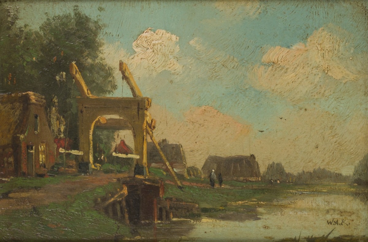 toegeschreven W.A. Knip (Amsterdam 1883 - 1967 Blaricum), Een ophaalbrugje in een landschap.